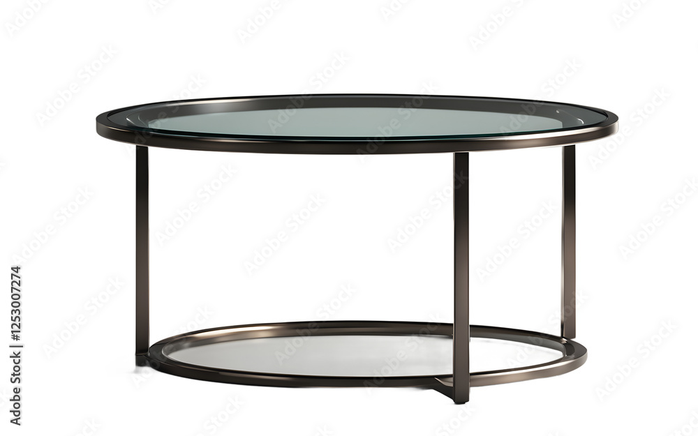 Poster a minimalist round coffee table with a metal frame and glass top on a empty plain background