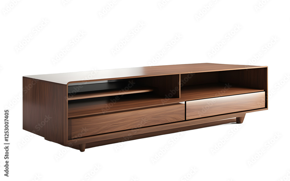 Poster a minimalist tv stand with a wood finish and sleek drawers on a empty plain background