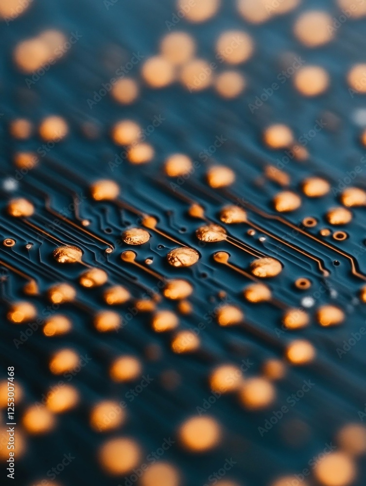 Poster abstract close up of a printed circuit board showcasing intricate patterns and glowing copper elemen