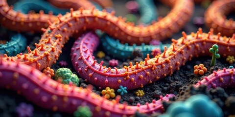 Fototapeta premium Whimsical bioluminescent organisms navigate a vibrant, textured landscape teeming with colorful flora