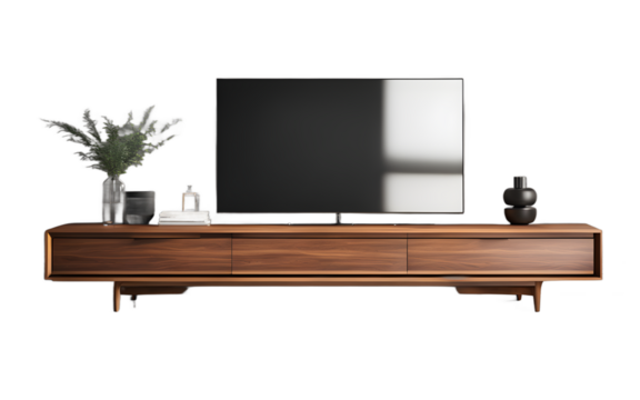 A minimalist TV stand with a wood finish and sleek drawers on a empty plain background