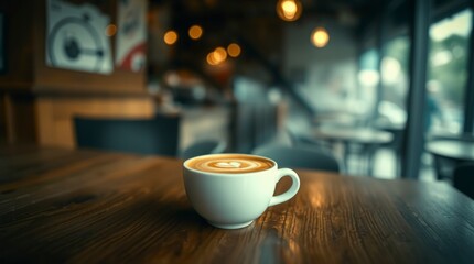 Obraz premium Latte Art Coffee in Cozy Cafe Setting