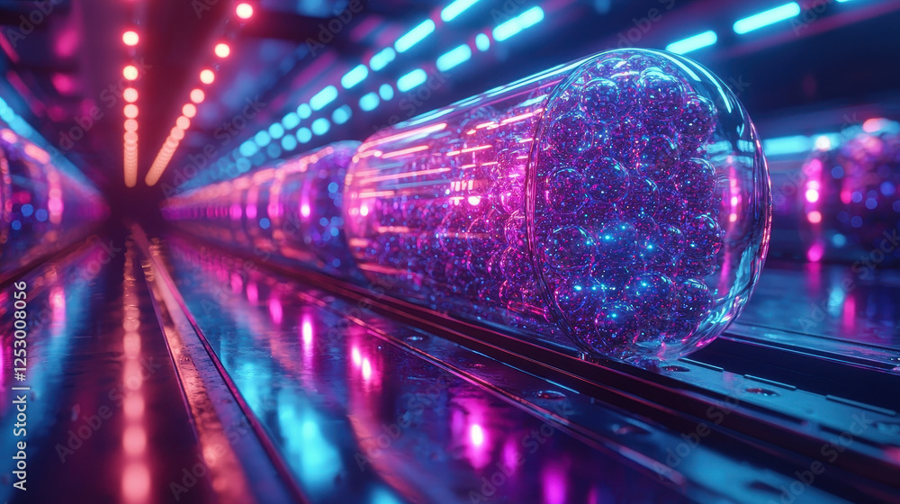 Poster close-up view of hyperrealistic probiotic bacteria in a vibrant liquid environment with neon lightin