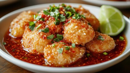 Close-up of Crispy Fried Chicken with Sesame Seeds, Chili Sauce, and a Lime Wedge