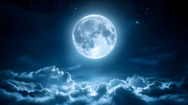 A beautiful glowing full moon surrounded by wispy clouds in a deep starry sky, capturing the magic and mystique of the night. Great for fantasy themes, dreamlike visuals, and moon-inspired artwork.

