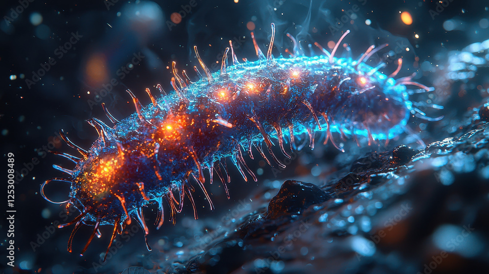 Poster dividing bacterial cell captured in hyperrealistic macro view showcasing bioluminescent glow and int