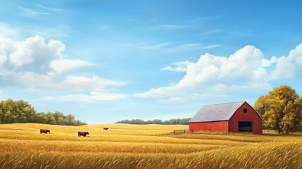 Red Barn In A Golden Wheat Field With Cows