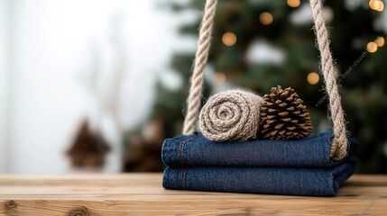 Cozy winter clothes on rope swing, Christmas tree background