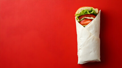 A freshly made wrap filled with lettuce, tomatoes, and other healthy ingredients, neatly wrapped in white paper against a bold red background.