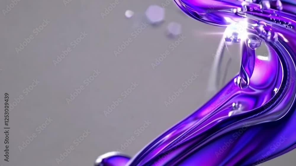 Poster flowing purple liquid with sparkling droplets creating dynamic movement