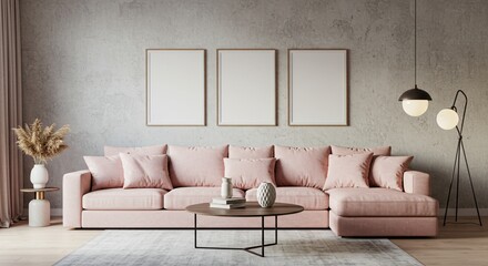 Obraz premium Modern living room interior with a pink sofa and blank frame mockups
