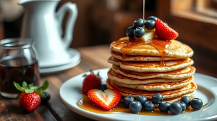 Delicious Pancakes with Berries and Syrup Breakfast
