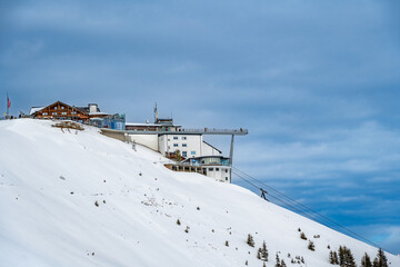 Ski lift with viewpoint deck in Zel Am See, Austria.