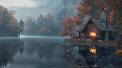 Fototapeta premium A Cozy Wooden Cabin Stands by a Serene Foggy Lake, Surrounded by Autumn Trees, Evoking Feelings of Peace, Escape, and the Quiet Beauty of Nature in a Hidden Wilderness.