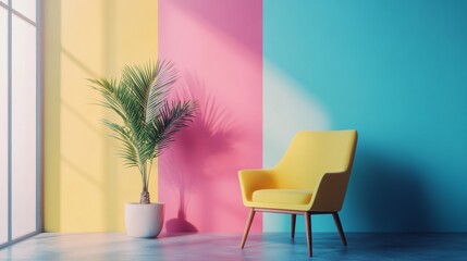 Minimalist interior with a yellow chair and colorful wall