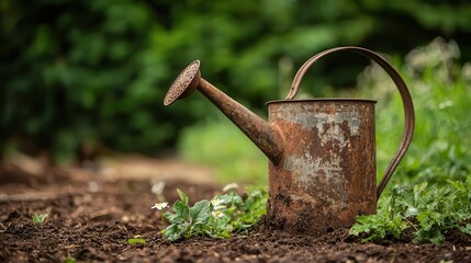 Old, rusted watering can overturned in an empty garden bed, surrounded by weeds
