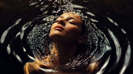 Obraz premium Woman floating in dark water with golden light reflections