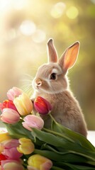 Fototapeta premium An adorable rabbit holds a vibrant tulip bouquet, blending nature's charm with spring's color. The rabbit's upright posture adds a touch of innocence to this delightful floral scene.