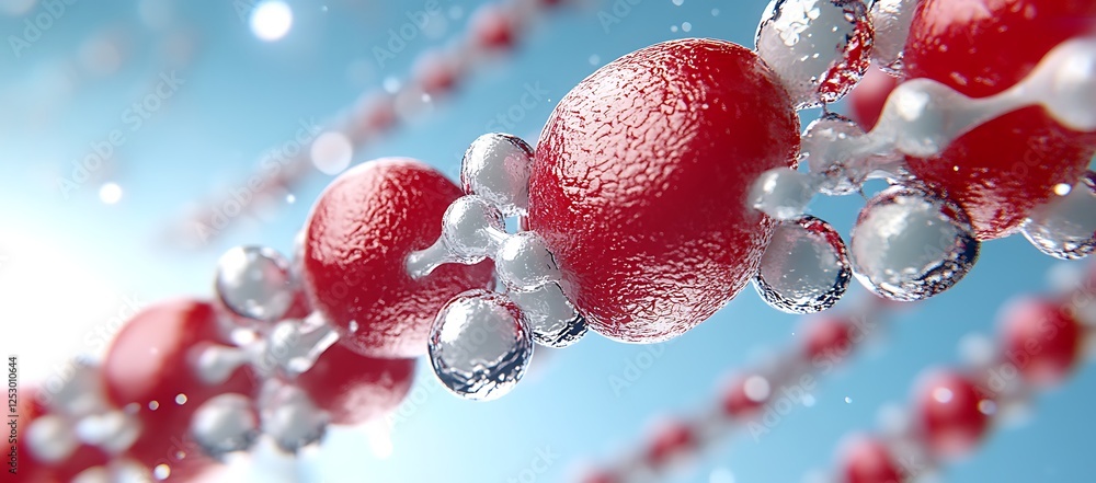 Poster microscopic 3d render of red and white spheres connected in a chain-like structure