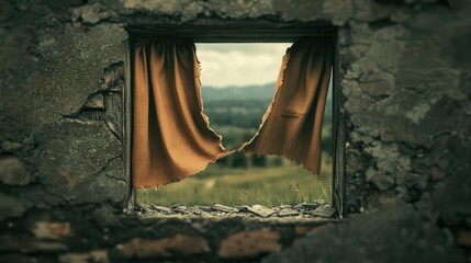 Torn curtain hanging loosely in a broken window frame, fluttering in the cold wind