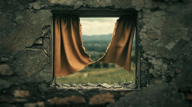 Torn curtain hanging loosely in a broken window frame, fluttering in the cold wind