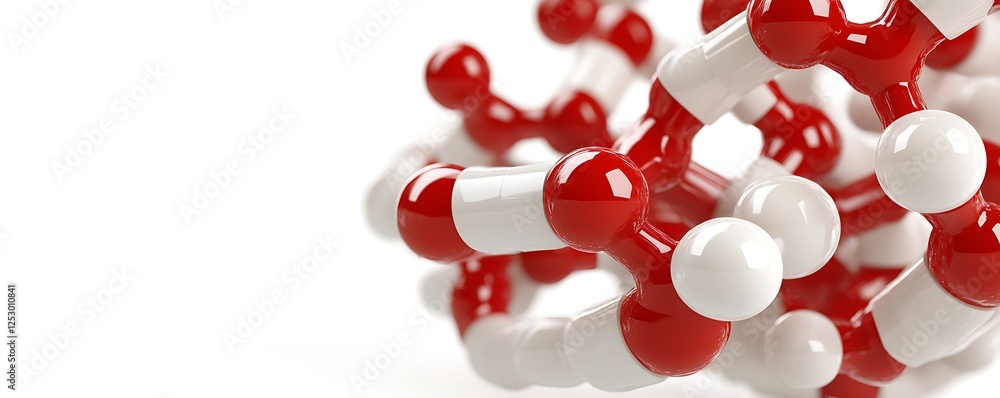 Poster abstract 3d rendering of a complex molecule with red and white spheres.