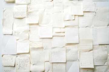 Textured wall filled with vintage notes and reminders evoking nostalgia and creativity, ideal for artistic projects