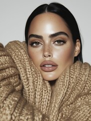 iking close-up of mesmerizing blue eyes framed by thick eyebrows and a cozy knitted sweater.