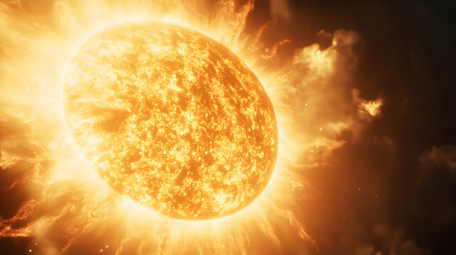 A massive glowing sun in deep space, emitting solar radiation and plasma waves, displaying its sheer cosmic power.
