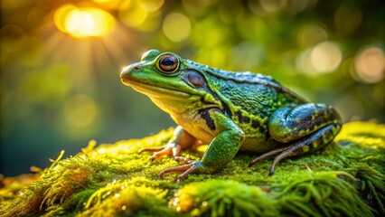 Fototapeta premium Green Frog Basking on Algae-Covered Rock, Sunny Day Stock Photo