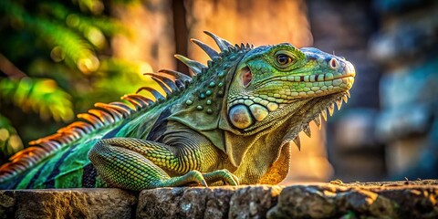 Fototapeta premium Green Iguana on Stone Wall: Exotic Reptile in Architectural Setting