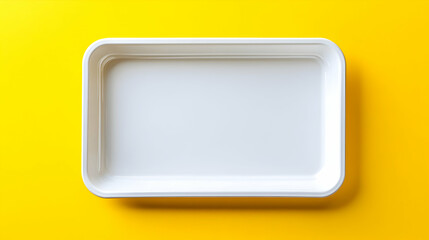 Fototapeta premium A white rectangular food tray with rounded edges, positioned on a bright yellow background, highlighting a modern and clean design.