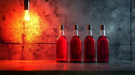 Red glass bottles illuminated by a single hanging lightbulb