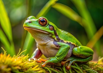 Green Marsh Frog Close-up in Natural Habitat - Hyla arborea Amphibian Wildlife