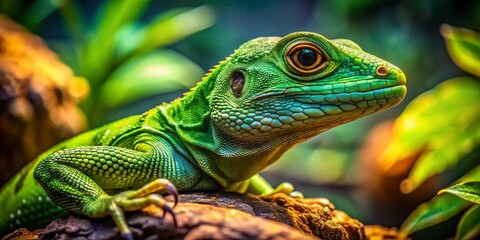 Fototapeta premium Green Lizard in Terrarium: Close-up Documentary Photography