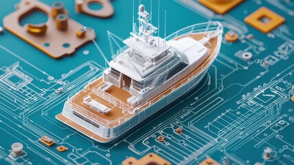 Obraz premium A miniature boat sits atop a circuit board, blending maritime and technology themes in a creative juxtaposition of design.