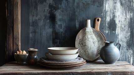Rustic wooden shelf with ceramic tableware and neutral decor