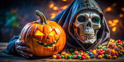 Grim Reaper Skull with Pumpkin & Candy - Spooky Halloween Macro Photography