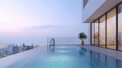 A serene rooftop infinity pool overlooking a city skyline at dusk, surrounded by glass walls and a touch of greenery.