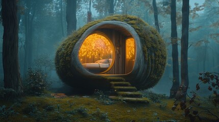 A whimsical fantasy treehouse nestled in a misty enchanted forest, featuring a circular window that reveals a cozy glowing bedroom, creating a dreamy and magical retreat