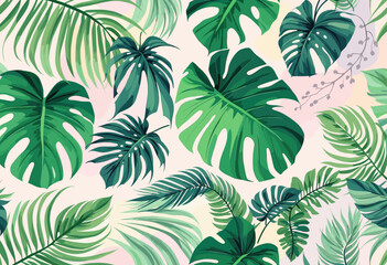Various tropical leaves, predominantly palm leaves, arranged in a visually appealing and harmonious manner. Vector patterns, random pattern