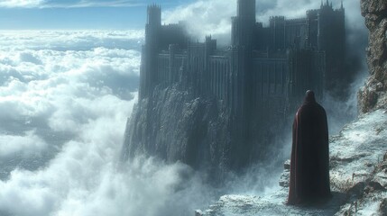 Majestic castle above clouds, lone figure contemplates, fantasy landscape, ideal for fantasy art © Erisna Yolanda