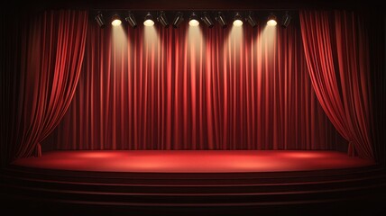 A majestic red velvet curtain opens to reveal a well-lit stage, setting the scene for a captivating performance.
