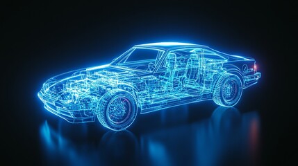 Naklejka premium A futuristic holographic representation of a classic car, showcasing its detailed internal components in a bright blue glow.