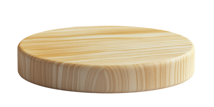 A flat, solid wood cylinder with rounded edges, 20 inches in diameter and 3-4 inches tall, with visible grain patterns on the surface, against a transparent background PNG.