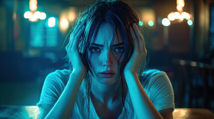 Young woman in a dimly lit room experiences deep emotional distress under cold blue light while gripping her head in a highly detailed cinematic setting