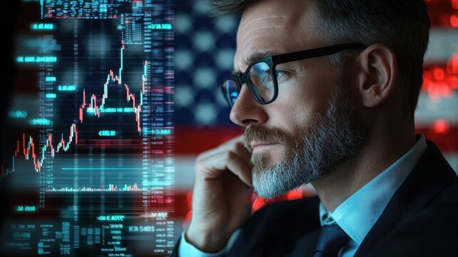 A thoughtful man in a suit examines financial data on a digital interface, with an American flag backdrop, symbolizing analysis and strategy in finance.