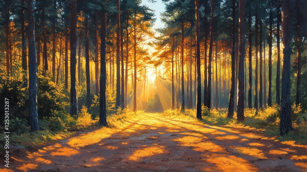 Poster sun-dappled forest path, an ethereal landscape showcasing a path bathed in golden sunlight filtering