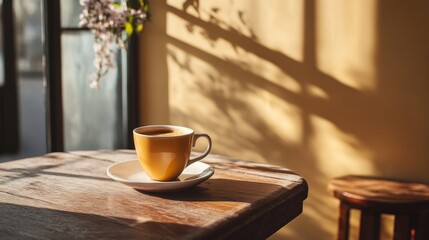 Cozy morning coffee by a sunlit window with warm ambiance