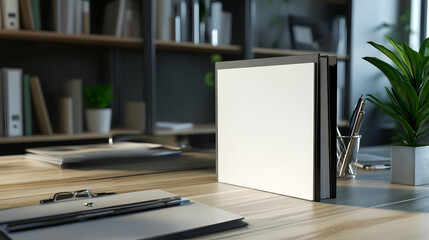 A minimalist blank white book standing on a wooden desk, ideal for book mockups, publishing templates, and office decor.


